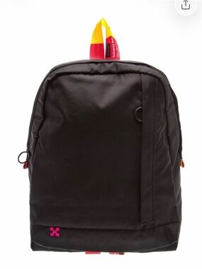 Off-White Black Backpack with Yellow and Red Strap Accents